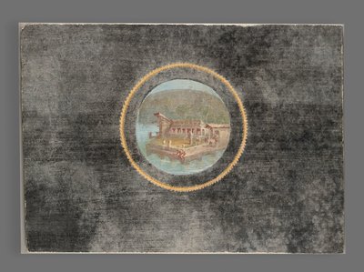 トンドの風景のある黒地のフレスコ画の断片、西暦50〜79年（フレスコ画） 作： Roman