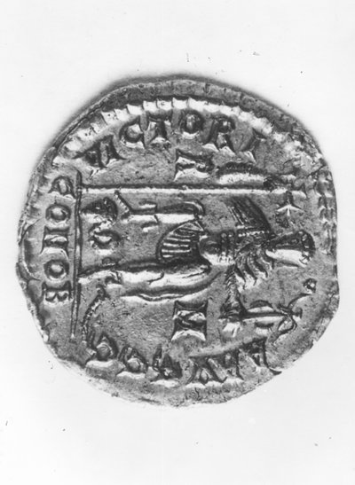 ヴァレンティアン3世皇帝（419-455）がフンのアッティラ（395-453）c.452（金属）（逆）での勝利を祝った様子を描いたコイン 作： Roman