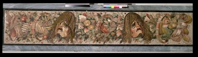 牧神の家、ポンペイ（モザイク）の演劇的なマスクを描いた装飾パネル 作： Roman