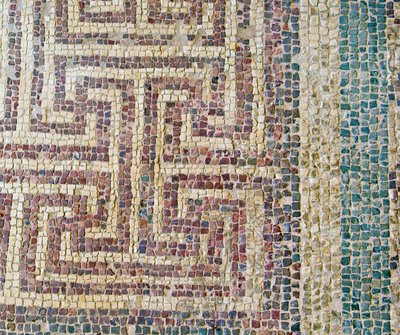 幾何学的なタイル細工、テセウスの家、パフォス、キプロスモザイクの詳細 作： Roman