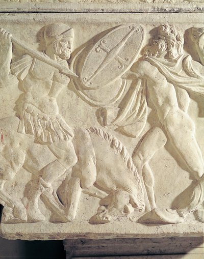 ガラテヤの石と戦うローマの兵士を描いた石棺の詳細 作： Roman