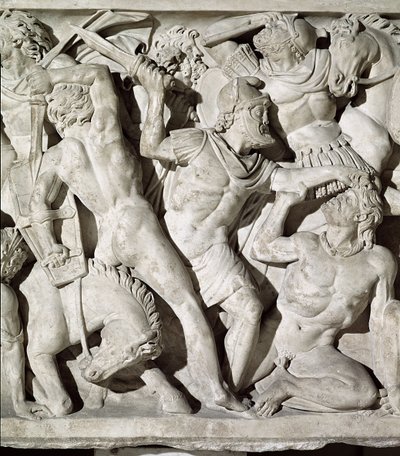 ローマ人とガラティア人の石の間の戦いを描いた石棺の詳細 作： Roman