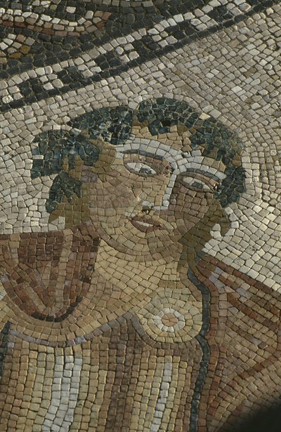 ディオニュソスが眠っているアリアンを発見、詳細、バッカスの頭、「ライダー」の家（モザイク） 作： Roman