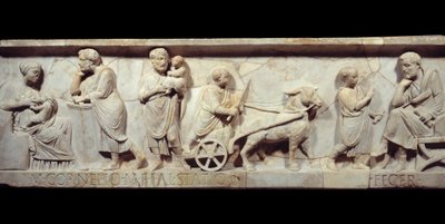マルクス・コルネリウス・スタティウスの石棺の断片 紀元後150年頃 - 古代ローマローマの石棺の顔。生まれてから学ぶまでに成長する子供の人生の場面。パリ、ルーヴル美術館（Musee Du Louvre 作： Roman