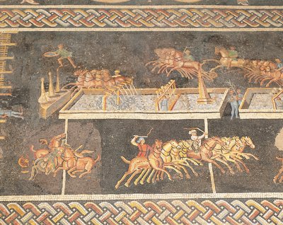 フランス、リヨン、サーカスの競技を描いたモザイク作品、クアドリガレース 作： Roman