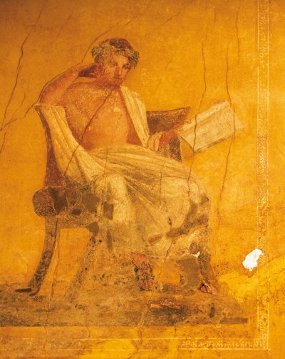 黄色い背景にギリシャの詩人メナンデルを描いたフレスコ画（メナンデルの家より）ポンペイ、カンパニア、ローマ文明時代 作： Roman