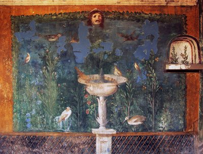 泉と仮面と鳥のフレスコ画、貝殻のヴィーナスの家、ポンペイ、カンパニア、イタリア、ローマ文明圏 作： Roman