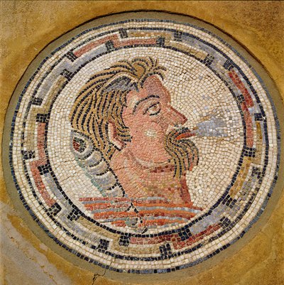 男の頭、オルフェウスの家のローマ時代のモザイク、紀元3世紀（モザイク） 作： Roman