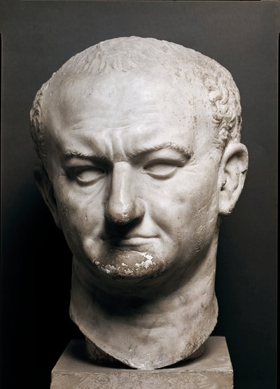 ローマ皇帝ヴェスパシアヌスの頭部（VespasianusまたはVespasiano、9-79 ap.JC）-大理石彫刻、高さ40cm-ローマ、ナツィオナーレ・ロマーノ美術館-ヴァスパシアヌス皇帝（Titus Flavius Vespasianus）の頭部（9-79）-大理石彫刻（高さ40cm）-ローマ、ナツィオナーレ・ロマーノ美術館 作： Roman