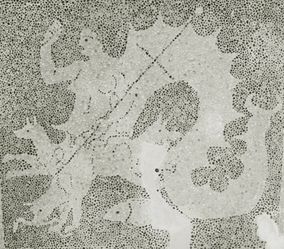 海峡を守っているシラのヘレニズム時代の小石モザイクと、シラの詳細。ディオニソスの家、パフォス、キプロスのモザイク 作： Roman
