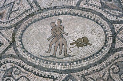 ヘラクレスとアンテウス、「ヘラクレスの家」の床から（モザイク） 作： Roman