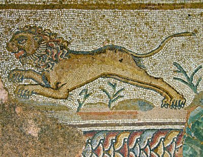 狩猟シーン、ライオンの詳細、ディオニソスの家、パフォス、キプロスモザイク 作： Roman
