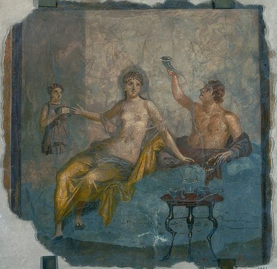 若い男とヘタエラエ。ヘルクラネウムから。 AD 50-79 作： Roman