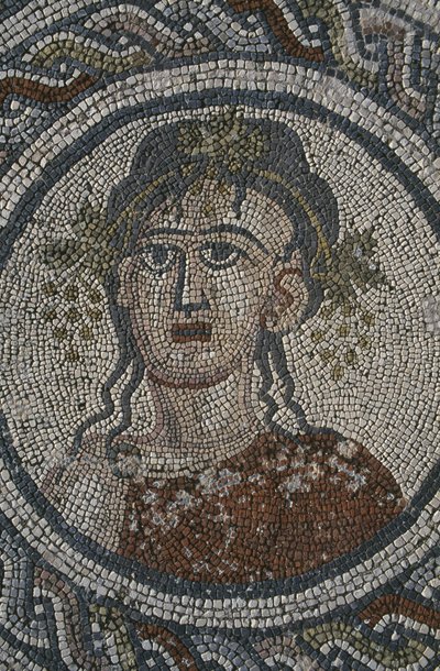 四季を描いたモザイク、「ディオニソス」の家、細部、頭（モザイク） 作： Roman