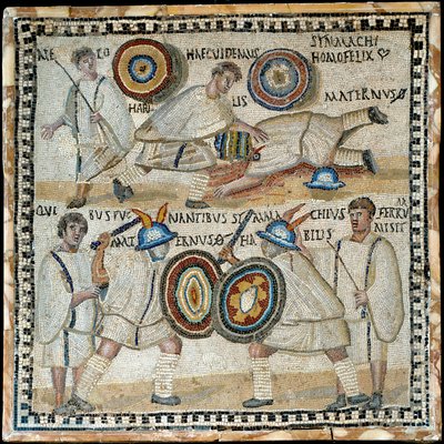 ローマ、紀元3世紀のSimmachiusとMaternusという名前の2つの馬間の戦いを描いたモザイク 作： Roman
