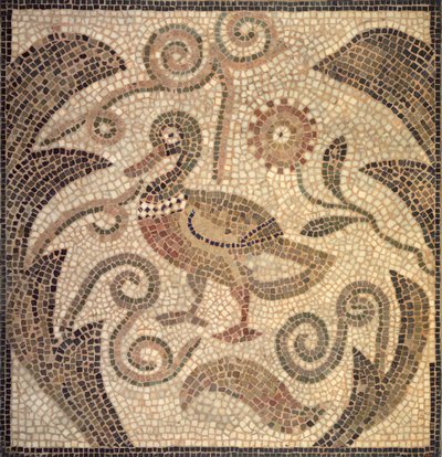 ブドウの木に左向きのアヒルのモザイク（石とモルタル） 作： Roman