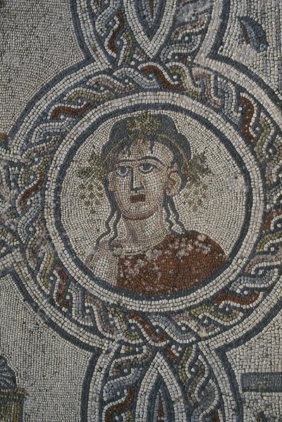 四季のモザイク、ディオニソスの家、細部、頭（モザイク） 作： Roman