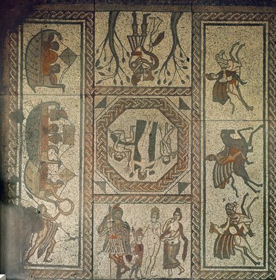 ローハムのローマ時代の別荘からのモザイク舗装。バージルのアエネイス（西暦350年頃）のディドとアエネアスの物語が描かれています。 作： Roman