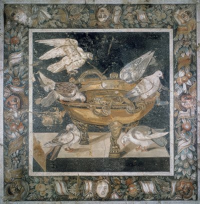 ラブラムの端にハトのグループがあるポンペイのモザイク。紀元前3世紀 作： Roman
