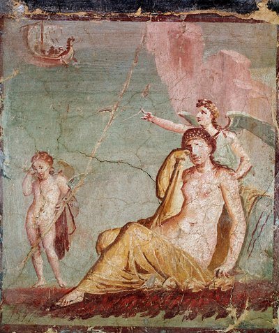 復讐の女神ネメシスが、アリアドネを捨てたばかりのテセウスに船を見せる（フレスコ画 作： Roman