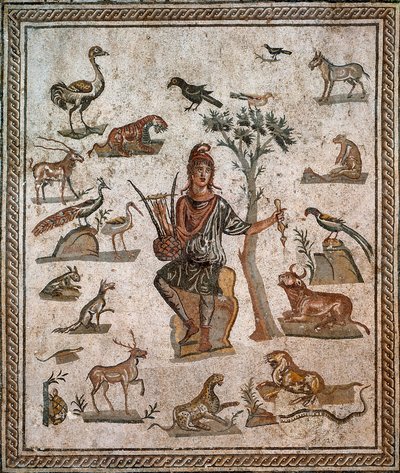 動物に囲まれたオルフェウス 2世紀 作： Roman
