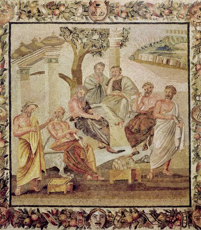 T.シミニウスの家、ポンペイ（モザイク）からの彼の生徒と会話するプラトン（156873も参照） 作： Roman