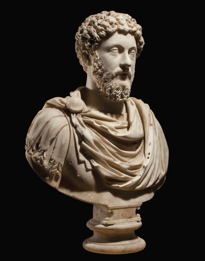 皇帝マルクスアウレリウスの肖像画の胸像、西暦170〜180年頃 作： Roman