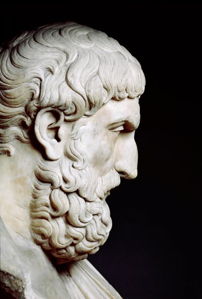 ギリシャの哲学者エピクロス（紀元前341年から紀元前270年）の肖像 - 大理石の胸像 - ローマ、カピトリーニ美術館 - エピクロス（紀元前341年から紀元前270年）の胸像、横顔 - 大理石の彫刻 - ローマ、カピトリーニ美術館 作： Roman