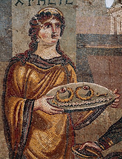 囚人クレシスがアガメムノンに身代金の鍵を渡す場面（トルコ、アンティオキアのダフネで発見されたクレシスのモザイクの詳細 作： Roman