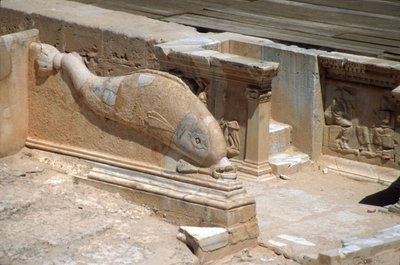 ローマ劇場の舞台の前にあるイルカのレリーフ彫刻（写真 作： Roman