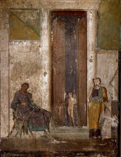 ローマ時代のアート。ポンペイのフレスコ画「エロスがヘレネにパリを愛するように説得する」。1世紀ナポリ、ナチス考古学博物館 作： Roman