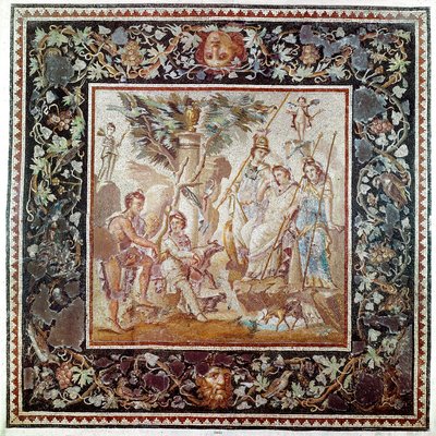 ローマ時代のアート。"パリの審判" トルコのアンティオキア遺跡、アトリウムの家のモザイク。紀元115〜150年。日 1,86メートル パリ、ルーヴル美術館 作： Roman