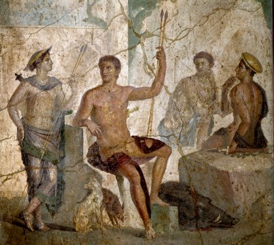 ローマ美術"Meleagre and Atalante" ポンペイから出土した紀元1世紀のローマ時代のフレスコ画。ナポリ、国立考古学博物館-ローマ美術。メレーガーとアタランテ。ポンペイから出土した紀元1世紀のローマ時代のフレスコ画。国立考古学博物館、ナポリ、It 作： Roman