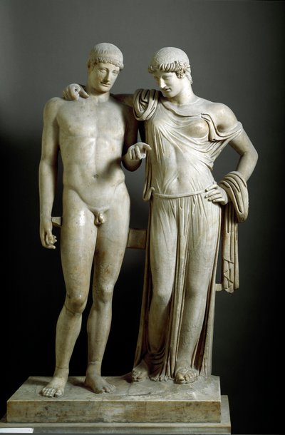 ローマの芸術"Oreste et Electre" - ポッツォーリ（Pozzuoli）の大理石彫刻 紀元1世紀、Dim.160 cm - Museo Archeologico Nazionale, Naples - ローマ時代の文明。エレクトラとオレステス」-大理石彫刻 (高さ160 cm) 作： Roman