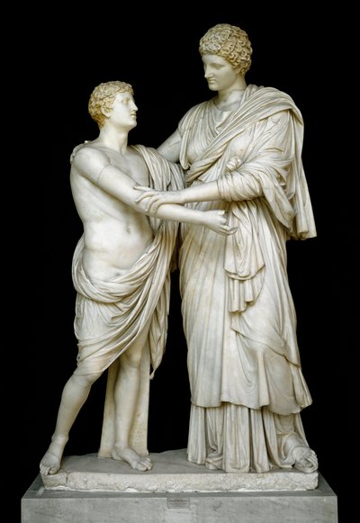 ローマの美術「Oreste et Electre" 紀元1世紀の大理石彫刻。Ludovisiコレクションより、Dim.192 cm - ローマ、ローマ国立博物館（o delle Terme） イタリア - オレステスとエレクトラ - 大理石彫刻（高さ210 cm）、ローマ帝国時代（紀元前27年-476年 作： Roman