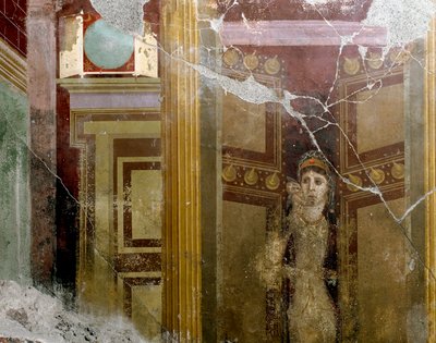 ローマの芸術"扉の入り口にいる女性の肖像" ファビオ・ルフォ（マルクス・ファビウス・ルフス）によるヴィラのフレスコ画のディテール 紀元1世紀。イタリア、ポンペイ 作： Roman