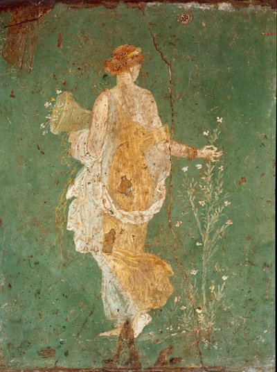 ローマ時代のアート。"春" 花を摘むフローラ（Flora）。ポンペイ近郊のヴァラーノ・ア・スタビエス（Stabiae）の別荘のフレスコ画。紀元前15年から紀元後60年。ナポリ国立考古学博物館 - ローマの芸術。春、花を摘むフローラ。スタビアエのヴァラーノの別荘のフレスコ画 作： Roman