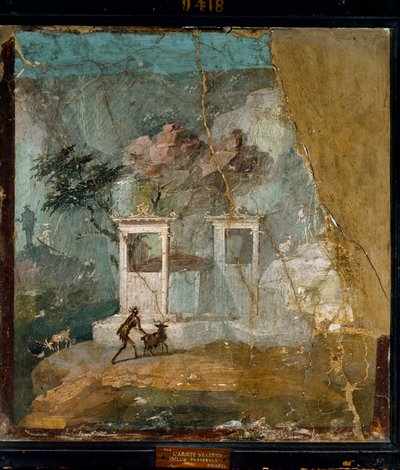 ローマの美術"失われたベリエ、牧歌的イディル" ギリシャの原画（紀元前2世紀）の後にポンペイ遺跡で描かれたローマのフレスコ画。紀元1世紀。ナポリ、ナチス考古学博物館 作： Roman