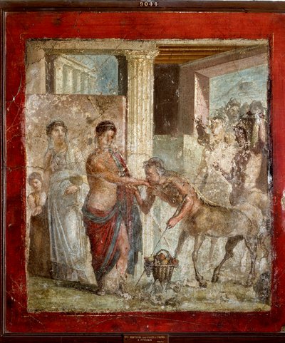 ローマ時代のアート"ピリトウス（Pirithoos）とヒポダミア（Hippodamia）の結婚式に出席するケンタウロス" ポンペイ遺跡から出土したローマのフレスコ画。紀元1世紀（フレスコ画 作： Roman