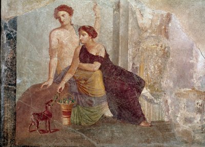 ローマ時代のアート。"ヤギと遊ぶ二人の女性" 紀元前1世紀のフレスコ画パリ、ルーヴル美術館 作： Roman