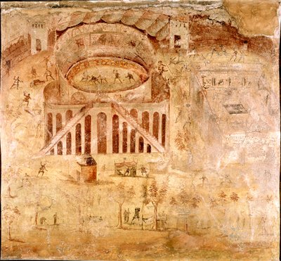 ローマ時代のアート。"紀元59年、ポンペイの円形闘技場におけるノセラの住民とポンペイ人の間の暴力的な闘争" フレスコ画の詳細。紀元1世紀。ポンペイ遺跡から。ナポリ、ナチス考古学博物館 作： Roman