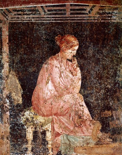 ローマのアート。"座っている若い女性" (Seated young lady) ポンペイの第3ポンペイ様式のローマのフレスコ画 (Fresco from Pompeii) AD40-60年。 作： Roman