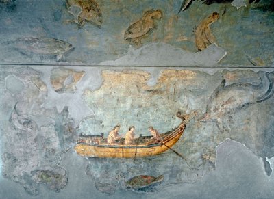 ローマのアート。「船上の漁師」 ローマの川の港の近くにあった家のフレスコ画。紀元131年。ローマ、ローマ国立博物館(o delle Terme) 作： Roman