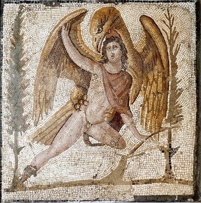ローマ時代のアート。「鷲に連れ去られるガニメデ」 セプティウス・セヴェール皇帝一族の別荘にあったモザイク。JC後2世紀の終わり。ローマ、ローマ国立博物館（Museo Nazionale Romano 作： Roman