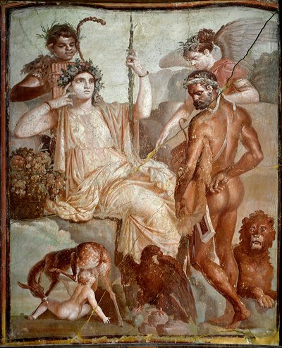 ローマの美術"Heracles finds his son Telephus (Telephus) on the Montains of Arcadia" ヘルクラヌム(エルコラーノ)遺跡から出土したローマのフレスコ画、西暦70年、Dim.216x185 cm - Naples, Museo Archeologico Nazionale - Heracles finds his son Telephus in the Montains of A 作： Roman