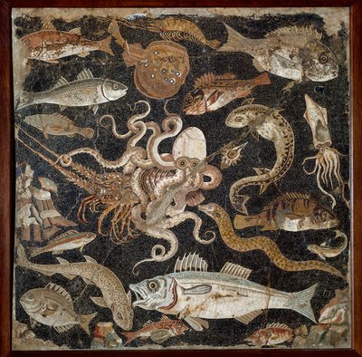 ローマ時代のアート。2世紀の "海洋動物 "モザイク。ナポリ、Museo Archeologico Nazionale, inv.120177 - ローマ美術。海洋生物。紀元前2世紀のモザイク。国立考古学博物館、inv.120177、ナポリ、イタリア。 作： Roman