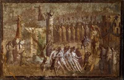 ローマのアート。"Tabula Iliaca" トロイの木馬の入場。カサンドラが対抗しようとする中、トロイア人が馬を城壁に引き寄せている。ポンペイのフレスコ画。ナポリ、ナツィオナル考古学博物館 作： Roman