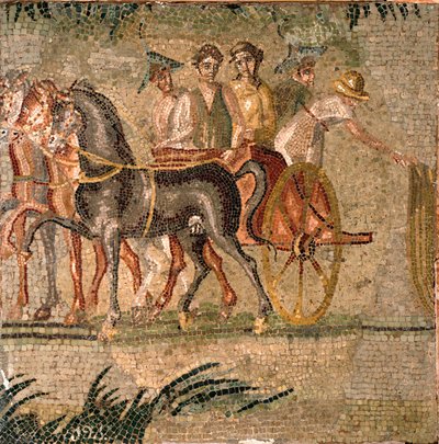 ローマのアート。アンティキテの戦車レース。3世紀のモザイク。マドリード、国立考古学博物館。 作： Roman