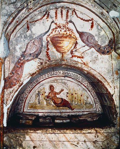 ローマ時代のアート。"エジプト女王クレオパトルの自分を刺した死" 4世紀のフレスコ画。ローマ、ヴィア・ラティーナのカタコンベ-ローマ美術。クレオパトラの死」。紀元後4世紀のフレスコ画。イタリア、ローマ、ラティーナ通りのカタコンブ 作： Roman