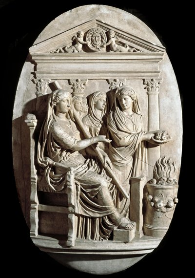 ローマ美術：ヴィラ・アルバーニのヴェスタ（ヘスティア）の犠牲の場面（低浮彫り）。 作： Roman